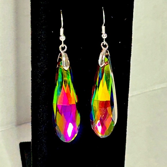 Hand Crafted Jewelry - Sterling Silver Multicolor Teardrop Crystal Earrings